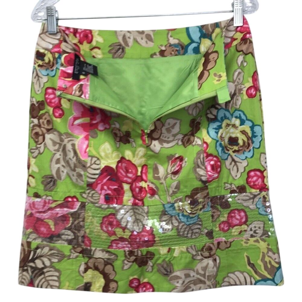 Etcetera Skirt Womens 6 Floral Lined Pockets Clear Sequin Green Pink Blue - Picture 3 of 6